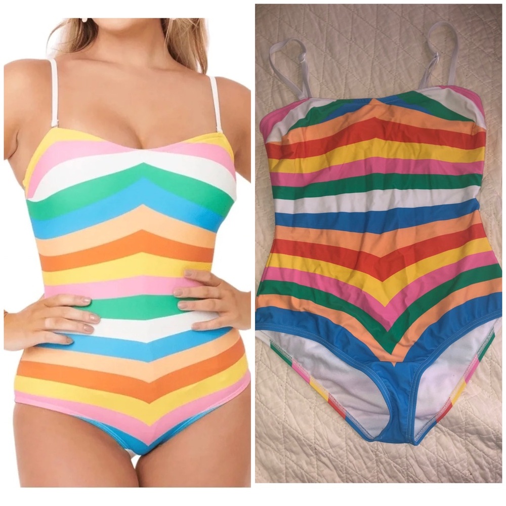 Women’s ' Rainbow Stripe One-Piece Swimsuit - Multicolor Unique Vintage Swim - M